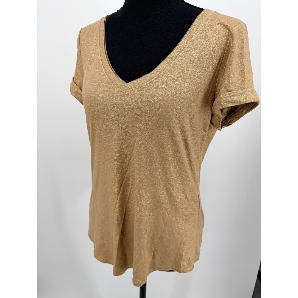 White House Black Market T-Shirt Women XS Gold Good Metallic V-Neck Mesh Trim
